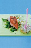 Melon, cucumber and salsa with teriyaki salmon