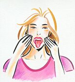 Illustration of woman wearing pink top sticking tongue out with hands on face