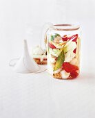 Glas mit Senf-Essig-Sud aus unterschiedlichem Gemüse, weißer Trichter