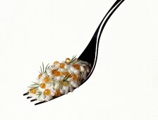 Risotto with salmon caviar, trout and dill on fork against white background