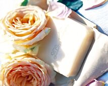 Close-up of soap with roses