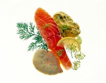 Smoked salmon with mustard sauce and slice of lemon on white background