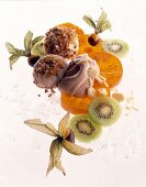 Gingerbread ice cream with nougat and honey fruit on white background