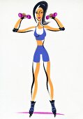 Illustration of woman standing on skating track with dumbbells doing bicep curl workout 