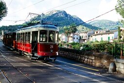 Tram moving on streets of Soller, Majorca island, Spain