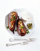 Stuffed eggplant, karniyarik on plate