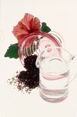Hibiscus flower, seeds and water on white background