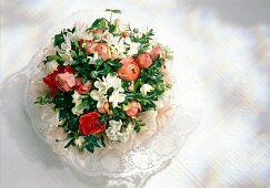 Bouquet of ranunculus, narcissus, daffodil and hyacinth on white background