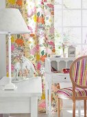 Floral curtain with secretary desk and sideboard