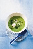 Spinach and coconut soup with fish fillet in bowl