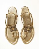 Golden toe sandals on white background