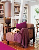 brauner Sessel mit schlafendem Hund, lila Kissen und Jacke
