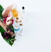 Various toiletries, ginger, argan oil and cactus on white background, elevated view