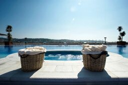 Two basket with towels at swimming pool of Hotel Four Seasons, Istanbul, Turkey