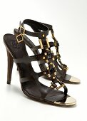 Pair of black strap high heels with golden buckles and screws on white background