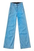 Light blue jeans with flared bottoms and slant pockets on white background, cut out