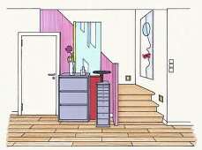 Illustration: Schubladenschrank und Schuhkommode vor Spiegel, Tür