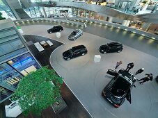 People at car exhibition in Munich, Germany, elevated view
