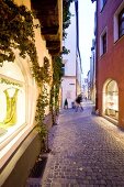 View of Tandlergasse house overgrown with ivy in Regensburg, Germany