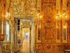 Paintings in illuminated Amber Room at Tsarskoye Selo, St. Petersburg, Russia