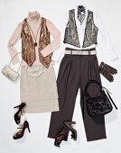 Men and woman glamorous clothing, handbags and accessories on white background