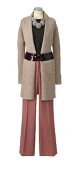 Pink pants and beige coat with belt on mannequin against white background