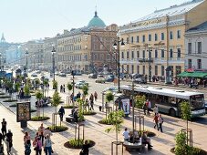 View of vehicles on busy Nevsky Prospect street in St. Petersburg, Russia