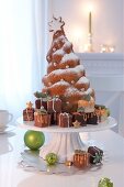 Christmas cookies with icing sugar in the form of Christmas tree on cake stand