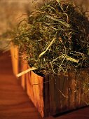 Close-up of fresh hay in wooden basket 