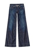 Dark blue bell bottom jeans with rhinestones on pocket against white background