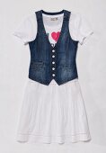 Denim vest with white skirt and top on white background