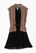 Black chiffon dress with brown knitted cardigan on white background