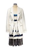 White blazer, extra long shirt with sequin stripes and pleated skirt on white background