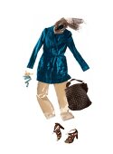 Turquoise summer coat with cargo pants, bag, silk scarf and sandals on white background