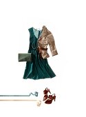 Elegant turquoise dress with short jacket in powder colours, clutch and sandals