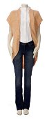 Jeans with white blouse and beige cardigan on white background