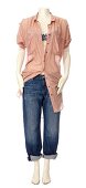 Pink tunic blouse and boyfriend jeans on white background