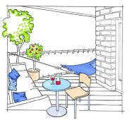 Illustration, Kleiner Balkon mit Nische, Hängematte als Ruheplatz
