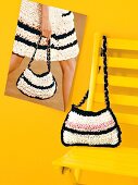 Black and white handbag on yellow chair