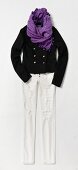 Black uniform jacket, white jeans and purple scarf with pompons on white background