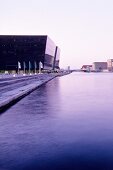 Soren Kierkegaards Plads and Black Diamond on Inderhavnen at dusk, Copenhagen, Denmark