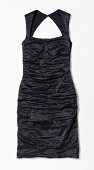 Black cocktail dress with plunged back on white background