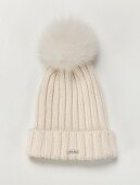 Wool hat with fur bobble on white background
