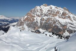 View of Lagazuoi with snow at Alta Badia, Dolomites, Corvara, South Tyrol, Italy