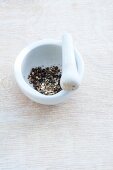 Crushed pepper in mortar and pestle