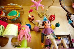 Toys made from wool at Mascherie in Stuttgart West, Stuttgart, Baden-Wurttemberg, Germany