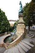 View of Galateabrunnen on Eugensplatz in Stuttgart city center, Germany, low angle view