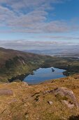 View of lake and landscape from Beara Peninsula mountain, Ireland, UK