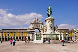 View of Praca do Comercio with King Jose I and Arco Monumental in Lisbon, Portugal