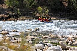 Tourists doing rapid rafting in Koprulu Canyon, Turkey